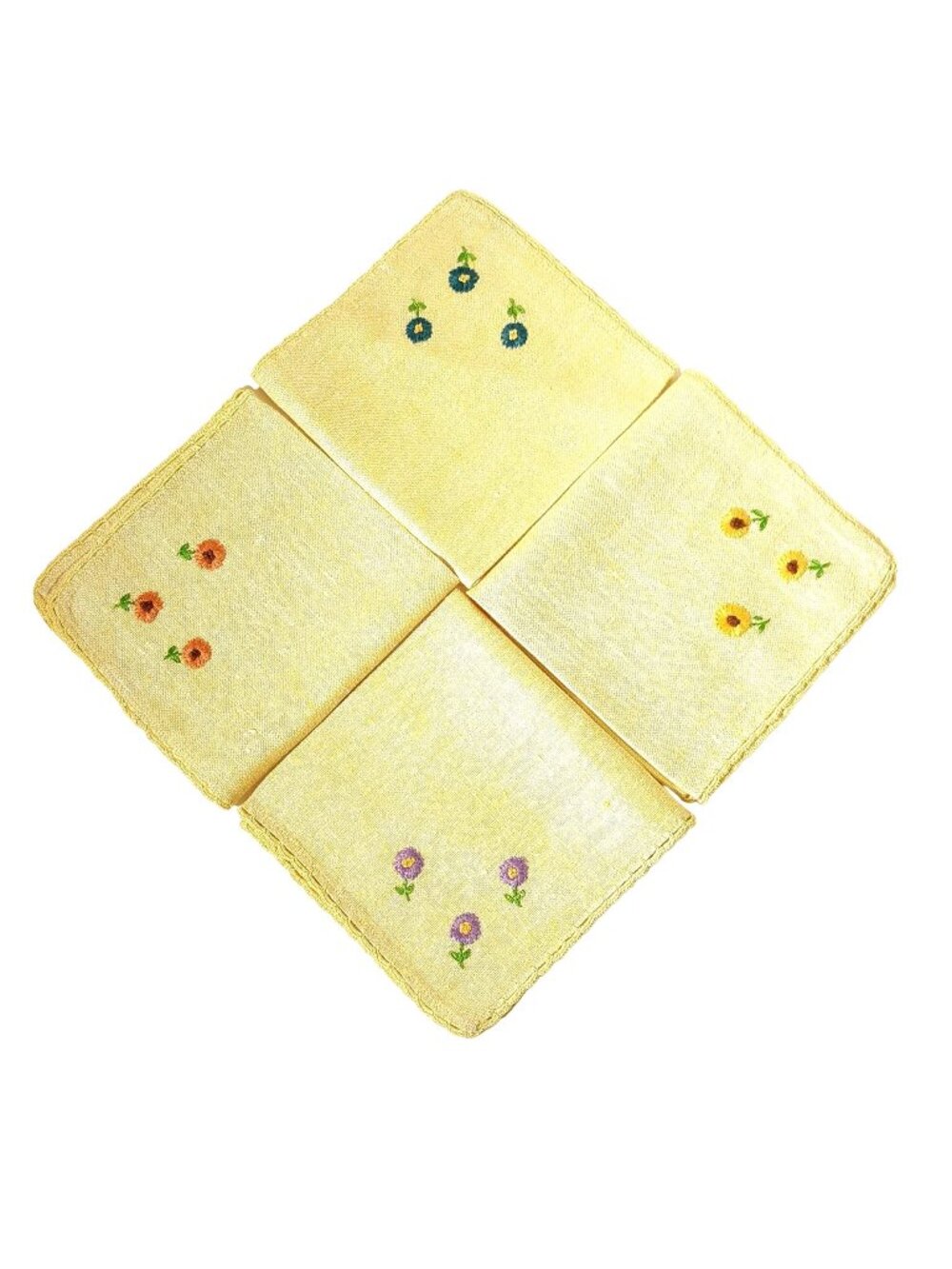 4 Embroidered Linen Napkins Yellow Crochet Edge Floral Farm Country Retro Vtg